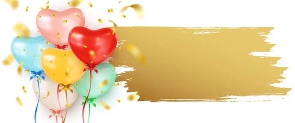 Bunch Helium Balloons Shape Heart White Background Golden Stroke Right — Wektor stockowy