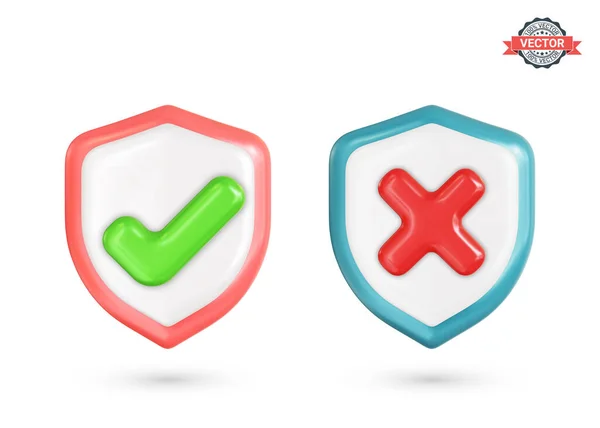 stock vector Correct and incorrect signs on shield icons. Right and wrong mark icons. Green tick and red cross symbols. Realistic 3D vector illustration on white background