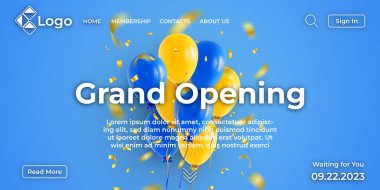 Büyük açılış sitesi, iniş sayfası veya web pankartı tasarım şablonu. Balonlu ve altın konfetili bir alışveriş merkezinin açılışına adanmış web sitesinin ana sayfası. Gerçekçi 3B vektör illüstrasyonu