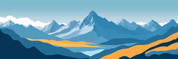 Beautiful mountain landscape with valleys, panorama of snow-covered mountains on the background of clear sky. Vector illustration
