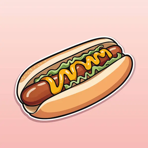 热狗配香肠芥末番茄酱和生菜软粉色背景下卡通风格的彩色矢量图解 图库插图