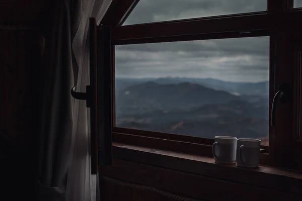 Two Cups Tea Windowsill Opened Window Front Foggy Mountains Background — Stock Photo, Image