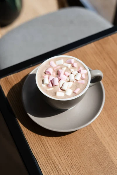 Cropped View Cup Cocoa Marshmallows Top View Delicious Hot Chocolate Stock Image