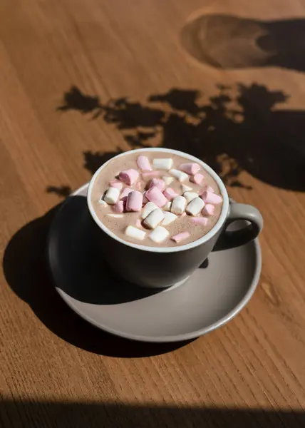 Cropped View Cup Cocoa Marshmallows Top View Delicious Hot Chocolate Stock Image