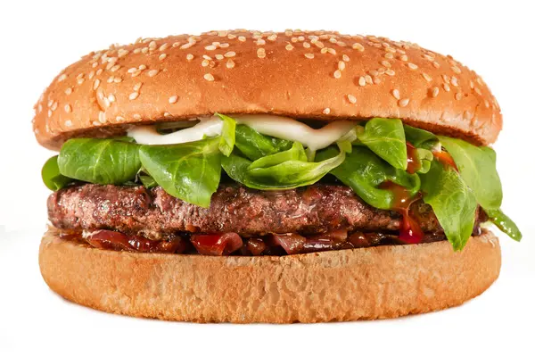Hamburger Hamburger Con Manzo Pomodoro Sesamo Bianco — Foto Stock