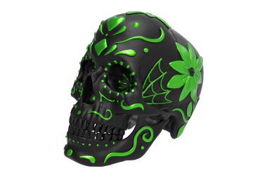 Ölü, siyah ve yeşil boyalı kafatası günü. Kafatasının kenarlarında örümcek ağları, çiçekler, saplar, yapraklar, girdaplar ve noktalar var. Kalp ve elmas kürek. Göz çukurlarında çiçek tasarımı. Cadılar Bayramı ve Meksika bayramı. Meksika 'da kutlandı.