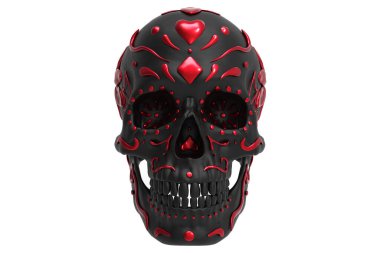 Ölü, siyah ve kırmızı boyalı kafatası günü. Kafatasının kenarlarında örümcek ağları, çiçekler, saplar, yapraklar, girdaplar ve noktalar var. Kalp ve elmas kürek. Göz çukurlarında çiçek tasarımı. Cadılar Bayramı ve Meksika bayramı. Meksika 'da kutlandı.