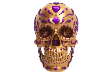 Ölü altın ve koyu mor metalik boya kafatası günü. Kafatasının kenarlarında örümcek ağları, çiçekler, saplar, yapraklar, girdaplar ve noktalar var. Kalp ve elmas kürek. Göz çukurlarında çiçek tasarımı. Cadılar Bayramı ve Meksika bayramı. Meksika 'da kutlandı.