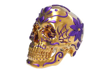 Ölü altın ve mor metalik boya kafatası günü. Kafatasının kenarlarında örümcek ağları, çiçekler, saplar, yapraklar, girdaplar ve noktalar var. Kalp ve elmas kürek. Göz çukurlarında çiçek tasarımı. Cadılar Bayramı ve Meksika bayramı. Meksika 'da kutlandı.