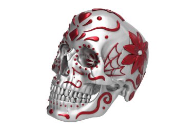 Ölü kırmızı ve gümüş metalik boya kafatası günü. Kafatasının kenarlarında örümcek ağları, çiçekler, saplar, yapraklar, girdaplar ve noktalar var. Kalp ve elmas kürek. Göz çukurlarında çiçek tasarımı. Cadılar Bayramı ve Meksika bayramı. Meksika 'da kutlandı.