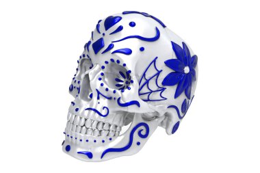 Ölü mavi ve beyaz metalik boya kafatası günü. Kafatasının kenarlarında örümcek ağları, çiçekler, saplar, yapraklar, girdaplar ve noktalar var. Kalp ve elmas kürek. Göz çukurlarında çiçek tasarımı. Cadılar Bayramı ve Meksika bayramı. Meksika 'da kutlandı.