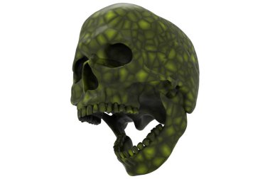 Soyut yeşil boyalı cam desenli, beyaz arka planda kafatasını oymuş. Çenesiyle. Ağzını aç. Cadılar Bayramı ve Ölü Bayram Sanatı.