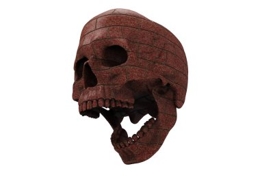 İzole edilmiş kırmızı tuğla duvar beyaz arka planda kafatası dolu. Çenesiyle. Ağzını aç. Cadılar Bayramı ve Ölü Bayram Sanatı.