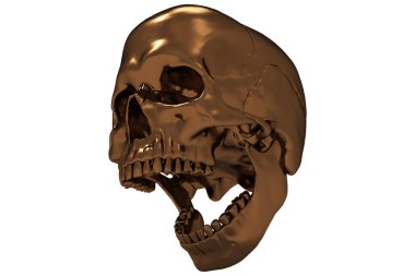 İzole edilmiş siyah altın kalıplı kafatası dolu kafatası beyaz arka planda. Çenesiyle. Ağzını aç. Cadılar Bayramı ve Ölü Bayram Sanatı.