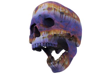 İzole olmuş çürüyen kahverengi asit yağmuru kafatası beyaz arka planda. Çenesiyle. Ağzını aç. Cadılar Bayramı ve Ölü Bayram Sanatı.