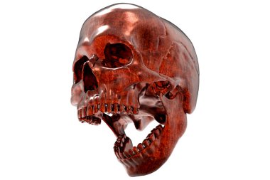Beyaz arka planda izole edilmiş bakır metal kafatası. Çenesiyle. Ağzını aç. Cadılar Bayramı ve Ölü Bayram Sanatı.