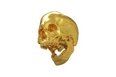 İzole edilmiş altın metal oymalı kafatası beyaz arka planda. Çenesiyle. Ağzını aç. Cadılar Bayramı ve Ölü Bayram Sanatı.