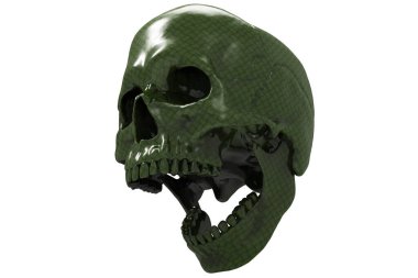 Soyut koyu yeşil kare desenli kafatasları beyaz arka planda. Çenesiyle. Ağzını aç. Cadılar Bayramı ve Ölü Bayram Sanatı.