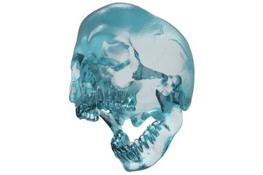 İzole edilmiş mavi buz oyulmuş kafatası beyaz arka planda. Çenesiyle. Ağzını aç. Cadılar Bayramı ve Ölü Bayram Sanatı.