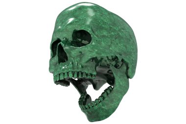 İzole edilmiş yeşim taşı dokusu beyaz arka planda kafatasını oymuş. Çenesiyle. Ağzını aç. Cadılar Bayramı ve Ölü Bayram Sanatı.