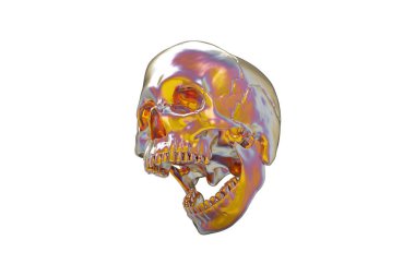 Isolated pearlized plated chrome cranium full skull on a white background. With jaw. Open mouth. Halloween and Day of the Dead holiday art. clipart