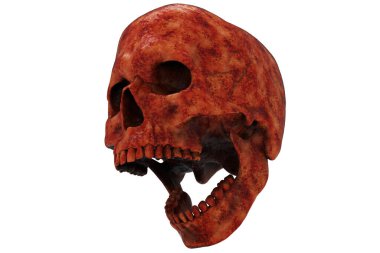 İzole edilmiş turuncu kırmızı uzaylı kafatası beyaz arka planda. Çenesiyle. Ağzını aç. Cadılar Bayramı ve Ölü Bayram Sanatı.