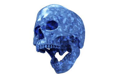 İzole edilmiş mavi Tungsten taşı beyaz arka planda kafatasını oymuş. Çenesiyle. Ağzını aç. Cadılar Bayramı ve Ölü Bayram Sanatı.