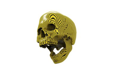 İzole edilmiş sarı çizgili hipnotik kafatası beyaz arka planda. Çenesiyle. Ağzını aç. Cadılar Bayramı ve Ölü Bayram Sanatı.