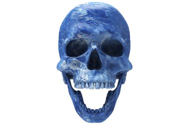 İzole edilmiş soyut mavi oyma kafatası beyaz arka planda. Çenesiyle. Ağzını aç. Cadılar Bayramı ve Ölü Bayram Sanatı.