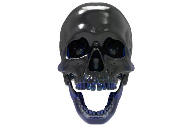 İzole edilmiş siyah mavi parıltı beyaz arka planda oyulmuş kafatası dolu. Çenesiyle. Ağzını aç. Cadılar Bayramı ve Ölü Bayram Sanatı.