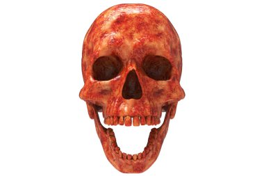 İzole edilmiş kırmızı ve turuncu sümüksü uzaylı yaratık beyaz arka plana kafatasını oymuş. Çenesiyle. Ağzını aç. Cadılar Bayramı ve Ölü Bayram Sanatı.