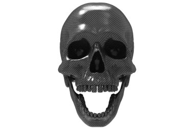 İzole edilmiş siyah karbon fiber kafatası beyaz arka planda. Çenesiyle. Ağzını aç. Cadılar Bayramı ve Ölü Bayram Sanatı.