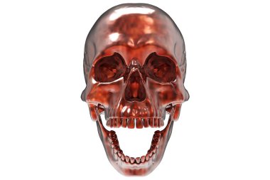 İzole edilmiş bakır metal oymalı kafatası beyaz arka planda. Çenesiyle. Ağzını aç. Cadılar Bayramı ve Ölü Bayram Sanatı.