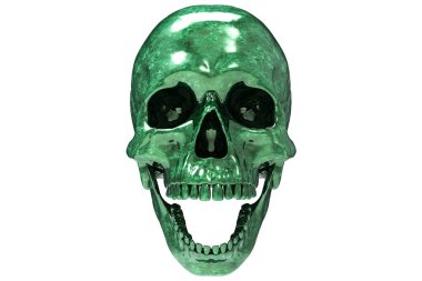 İzole edilmiş yeşil şanslı Jade taşı beyaz arka planda kafatasını oymuş. Çenesiyle. Ağzını aç. Cadılar Bayramı ve Ölü Bayram Sanatı.