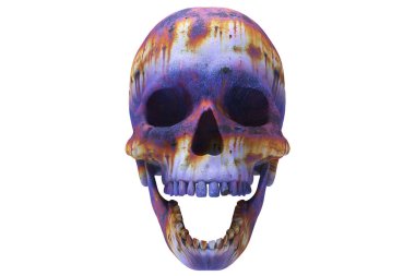 İzole edilmiş çürüyen mor ve kahverengi paslı çürüyen kafatası beyaz arka planda. Çenesiyle. Ağzını aç. Cadılar Bayramı ve Ölü Bayram Sanatı.