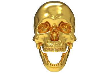 İzole edilmiş altın rengi oyulmuş kafatası, beyaz bir zemine oyulmuş. Çenesiyle. Ağzını aç. Cadılar Bayramı ve Ölü Bayram Sanatı.