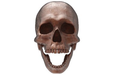 İzole edilmiş eski bakır metal oymalı kafatası beyaz arka planda. Çenesiyle. Ağzını aç. Cadılar Bayramı ve Ölü Bayram Sanatı.