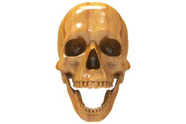 İzole edilmiş meşe ağacı ahşap dokusu beyaz arka planda kafatasları oyulmuş. Çenesiyle. Ağzını aç. Cadılar Bayramı ve Ölü Bayram Sanatı.