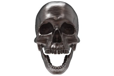 Üç boyutlu izole edilmiş metal çizgili kafatası dolu kafatası beyaz arka planda. Çenesiyle. Ağzını aç. Cadılar Bayramı ve Ölü Bayram Sanatı.