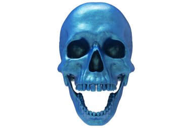 İzole edilmiş mavi metalik sprey boya beyaz arka planda oyulmuş kafatası dolu. Çenesiyle. Ağzını aç. Cadılar Bayramı ve Ölü Bayram Sanatı.