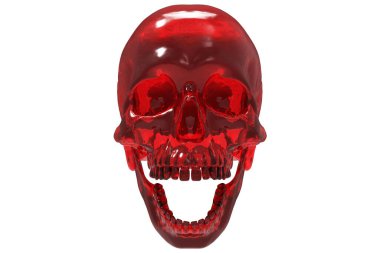 İzole edilmiş kırmızı şeffaf cam akrilik kristal yakut oymalı kafatası dolu beyaz arka plan. Çenesiyle. Ağzını aç. Cadılar Bayramı ve Ölü Bayram Sanatı.
