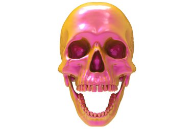 İzole edilmiş turuncu ve pembe boyalı kafatasları beyaz arka planda. Çenesiyle. Ağzını aç. Cadılar Bayramı ve Ölü Bayram Sanatı.