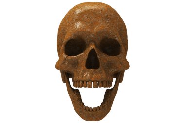 İzole edilmiş kırmızı paslı metal oymalı kafatası beyaz arka planda. Çenesiyle. Ağzını aç. Cadılar Bayramı ve Ölü Bayram Sanatı.