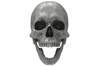 İzole edilmiş, metal oymalı kafatası dolu kafatası beyaz arka planda. Çenesiyle. Ağzını aç. Cadılar Bayramı ve Ölülerin Günü.