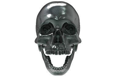 İzole edilmiş, parlak, siyah taş oyulmuş, beyaz arka planda boyalı kafatası dolu. Çenesiyle. Ağzını aç. Cadılar Bayramı ve Ölülerin Günü.