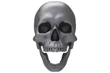 İzole edilmiş gri gri boyalı kafatası beyaz arka planda. Çenesiyle. Ağzını aç. Cadılar Bayramı ve Ölülerin Günü.