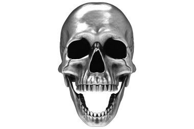 Isolated silver pewter pirate carved cranium full skull on a white background. With jaw. Open mouth. Halloween and Day of the Dead art. clipart