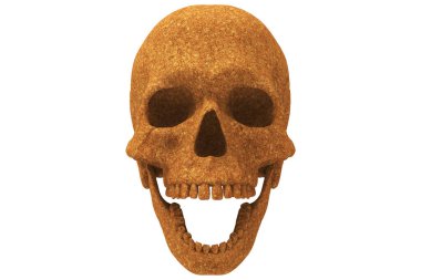 Isolated tack board cork wood texture grain carved cranium full skull on a white background. With jaw. Open mouth. Halloween and Day of the Dead art. clipart