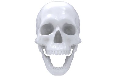 İzole edilmiş beyaz parlak taş oyulmuş kafatası dolu beyaz arka plan. Çenesiyle. Ağzını aç. Cadılar Bayramı ve Ölülerin Günü.