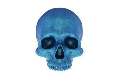 Beyaz arka planda izole edilmiş mavi metalik metal kafatası. Çenesi yok. Cadılar Bayramı ve Ölülerin Günü.